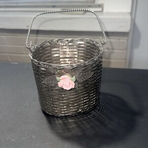 Vintage silver plated basket with pink rose